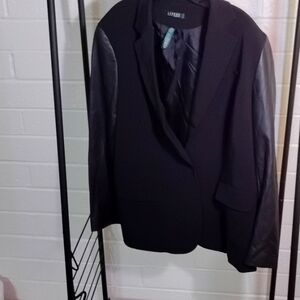 Black wool Ralph Lauren jacket with leather sleeves and front flap pockets